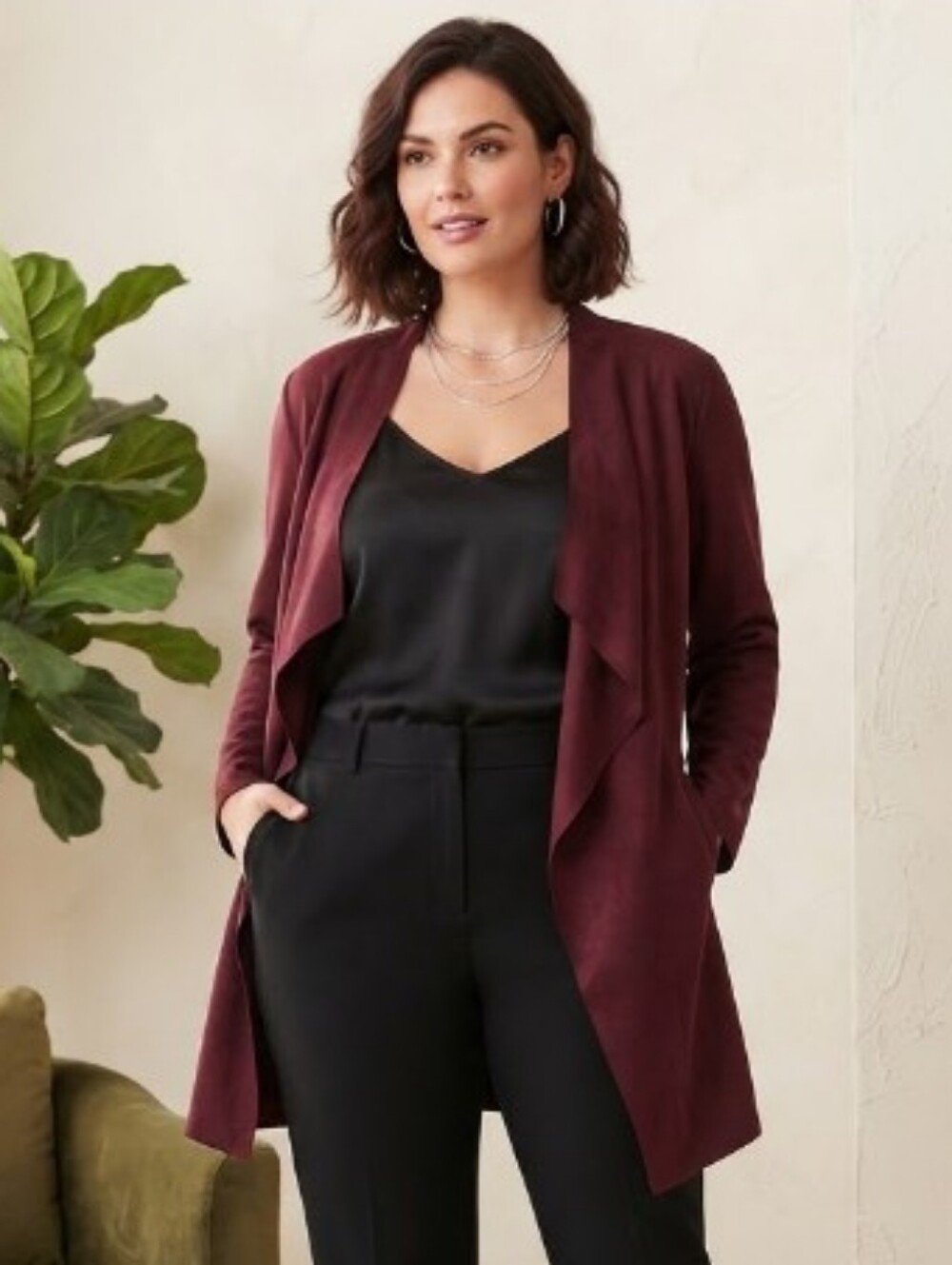 Chicos Faux Suede Cascade Drape Open Front Topper Jacket